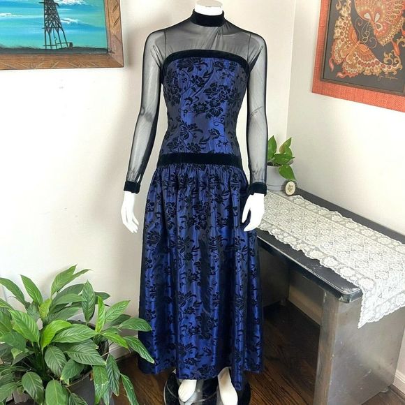 House of BIanchi Dresses & Skirts - Vintage 80s House of Bianchi Flocked Floral Velvet Mesh Taffeta Formal Dress M/7